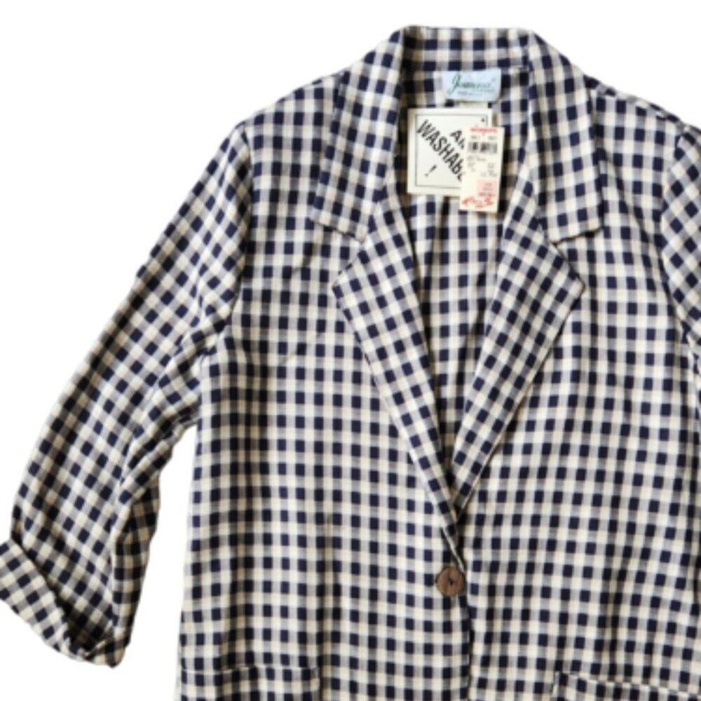 Vintage 1980s Womens Linen Woven Checkered Blazer Size M Dark Academia